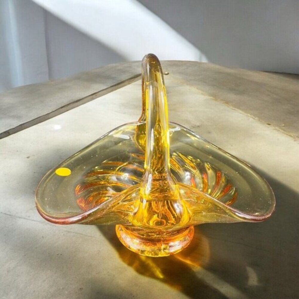 Vintage Venetian Art Glass Basket Dish Bowl Amber Made In Italy With Handle VTG